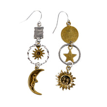 Load image into Gallery viewer, Sun and Moon Celestial Charm Earrings | Dangle Earrings 2.75" Long Boho Jewelry