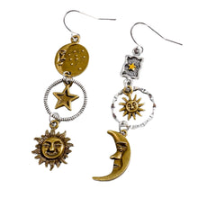 Load image into Gallery viewer, Sun and Moon Celestial Charm Earrings | Dangle Earrings 2.75" Long Boho Jewelry