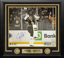 Load image into Gallery viewer, Jeremy Swayman Celebration Boston Bruins Autographed 16" x 20" Framed Hockey Photo