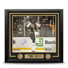 Load image into Gallery viewer, Jeremy Swayman Celebration Boston Bruins Autographed 16" x 20" Framed Hockey Photo