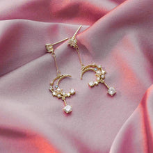 Load image into Gallery viewer, Sweet Dreams Moon Earrings | Gold Celestial Dangle Earrings with Pink &amp; Blue Gems