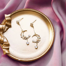 Load image into Gallery viewer, Sweet Dreams Moon Earrings | Gold Celestial Dangle Earrings with Pink &amp; Blue Gems