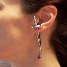 Load image into Gallery viewer, Sword Maiden Single Stabby Earring in Gold or Silver | 3.5" Long Dagger Earrings for Feminists, Goths