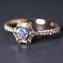 Load image into Gallery viewer, The One - Black Opal, Baguette Cut Diamond, Tsavorite Engagement Ring 14K Gold