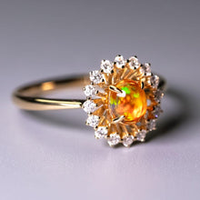 Load image into Gallery viewer, The Sunshine - Mexican Fire Opal Halo Diamond Engagement Ring 18K Yellow Gold