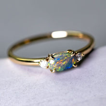 Load image into Gallery viewer, Three Stones Black Opal Diamond Engagement Ring 14K Yellow Gold