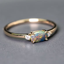 Load image into Gallery viewer, Three Stones Black Opal Diamond Engagement Ring 14K Yellow Gold