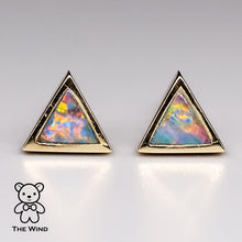 Load image into Gallery viewer, Geometric Triangle Shaped Australian Doublet Opal Stud Earrings 14K Yellow Gold