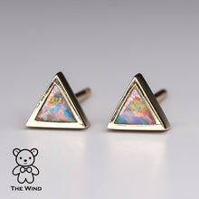 Load image into Gallery viewer, Geometric Triangle Shaped Australian Doublet Opal Stud Earrings 14K Yellow Gold