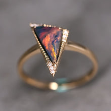 Load image into Gallery viewer, Amazing Color Triangle Black Opal Diamond Engagement Ring 18K Yellow Gold