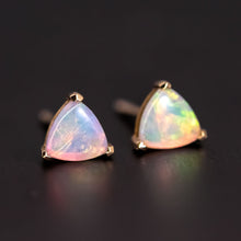 Load image into Gallery viewer, Dainty Trilliant Shaped Australian Opal Stud Earrings 18K Yellow Gold