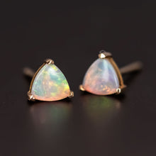 Load image into Gallery viewer, Dainty Trilliant Shaped Australian Opal Stud Earrings 18K Yellow Gold