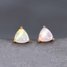 Load image into Gallery viewer, Dainty Trilliant Shaped Australian Opal Stud Earrings 18K Yellow Gold