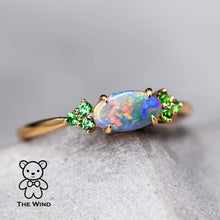 Load image into Gallery viewer, Bright Australian Semi-Black Opal and Tsavorite Garnet Engagement Wedding Ring