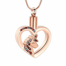 Load image into Gallery viewer, Unicorn Heart Cremation Urn Necklace with Rhinestones