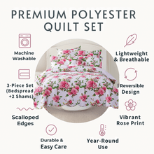 Load image into Gallery viewer, DaDa Bedding Romantic Roses Lovely Spring Pink Floral Quilted Scalloped Bedspread Set (JHW879)