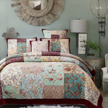 Load image into Gallery viewer, DaDa Bedding Bohemian Burgundy Red Velvet Trim Floral Paisley Patchwork Cotton Bedspread Set (JHW-868)