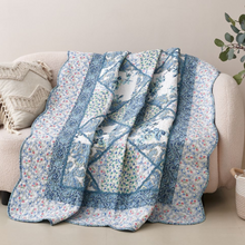 Load image into Gallery viewer, Tache Petal Dance White Blue Floral Vintage Garden Scalloped Cotton Patchwork Quilted Throw Blanket (JHW-646)