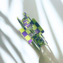 Load image into Gallery viewer, Velvet Claws Checkered Hair Claw in Yellow and Purple | Claw Clip in Velvet Travel Bag