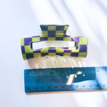 Load image into Gallery viewer, Velvet Claws Checkered Hair Claw in Yellow and Purple | Claw Clip in Velvet Travel Bag
