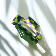 Load image into Gallery viewer, Velvet Claws Checkered Hair Claw in Yellow and Purple | Claw Clip in Velvet Travel Bag