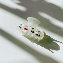 Load image into Gallery viewer, Velvet Claws Hair Clip | Cherries in Crystal White | Claw Clip in Velvet Travel Bag