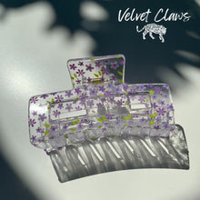Load image into Gallery viewer, Velvet Claws Hair Clip | The Crystal in Purple Blossoms | Claw Clip in Velvet Travel Bag