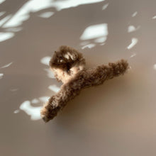 Load image into Gallery viewer, Velvet Claws Hair Clip | Triangle Plush in Teddy Bear Brown Faux Fur | Claw Clip in Velvet Travel Bag