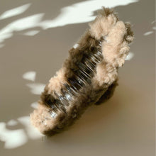 Load image into Gallery viewer, Velvet Claws Hair Clip | Triangle Plush in Teddy Bear Brown Faux Fur | Claw Clip in Velvet Travel Bag
