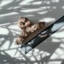 Load image into Gallery viewer, Velvet Claws Hair Clip | Triangle Plush in Teddy Bear Brown Faux Fur | Claw Clip in Velvet Travel Bag