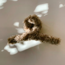 Load image into Gallery viewer, Velvet Claws Hair Clip | Triangle Plush in Teddy Bear Brown Faux Fur | Claw Clip in Velvet Travel Bag