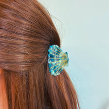 Load image into Gallery viewer, Velvet Claws Seashell Claw Set of 2: Aqua and Coral | Hair Claw Clip in Velvet Travel Bag