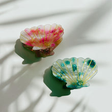 Load image into Gallery viewer, Velvet Claws Seashell Claw Set of 2: Aqua and Coral | Hair Claw Clip in Velvet Travel Bag