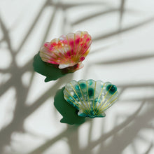Load image into Gallery viewer, Velvet Claws Seashell Claw Set of 2: Aqua and Coral | Hair Claw Clip in Velvet Travel Bag