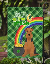 Load image into Gallery viewer, Black and Tan Airedale Terrier St. Patrick's Garden Flag – "Kiss Me I’m Irish" with Pot of Gold &amp; Rainbow