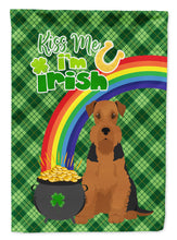 Load image into Gallery viewer, Black and Tan Airedale Terrier St. Patrick's Garden Flag – "Kiss Me I’m Irish" with Pot of Gold &amp; Rainbow