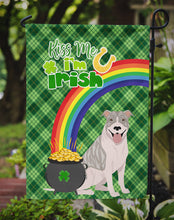Load image into Gallery viewer, Blue Brindle Pit Bull Terrier St. Patrick's Garden Flag – "Kiss Me I’m Irish" with Pot of Gold &amp; Rainbow