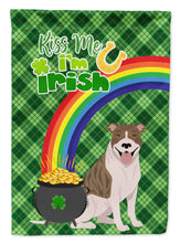 Load image into Gallery viewer, Fawn Brindle Pit Bull Terrier St. Patrick's Garden Flag – "Kiss Me I’m Irish" with Pot of Gold &amp; Rainbow