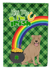 Load image into Gallery viewer, Fawn Pit Bull Terrier St. Patrick's Garden Flag – "Kiss Me I’m Irish" with Pot of Gold &amp; Rainbow