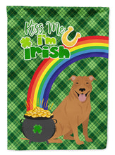 Load image into Gallery viewer, Red Pit Bull Terrier St. Patrick's Garden Flag – "Kiss Me I’m Irish" with Pot of Gold &amp; Rainbow