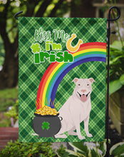 Load image into Gallery viewer, White Pit Bull Terrier St. Patrick's Garden Flag – "Kiss Me I’m Irish" with Pot of Gold &amp; Rainbow