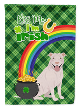 Load image into Gallery viewer, White Pit Bull Terrier St. Patrick's Garden Flag – "Kiss Me I’m Irish" with Pot of Gold &amp; Rainbow