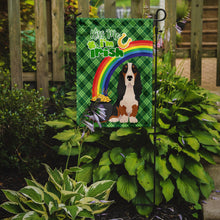 Load image into Gallery viewer, Black Tricolor Basset Hound St. Patrick's Garden Flag – "Kiss Me I’m Irish" with Pot of Gold &amp; Rainbow