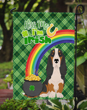 Load image into Gallery viewer, Black Tricolor Basset Hound St. Patrick's Garden Flag – "Kiss Me I’m Irish" with Pot of Gold &amp; Rainbow