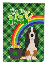 Load image into Gallery viewer, Black Tricolor Basset Hound St. Patrick's Garden Flag – "Kiss Me I’m Irish" with Pot of Gold &amp; Rainbow