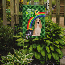 Load image into Gallery viewer, Lemon and White Tricolor Basset Hound St. Patrick's Garden Flag – "Kiss Me I’m Irish" with Pot of Gold &amp; Rainbow