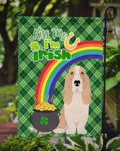 Load image into Gallery viewer, Lemon and White Tricolor Basset Hound St. Patrick's Garden Flag – "Kiss Me I’m Irish" with Pot of Gold &amp; Rainbow