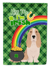 Load image into Gallery viewer, Lemon and White Tricolor Basset Hound St. Patrick's Garden Flag – "Kiss Me I’m Irish" with Pot of Gold &amp; Rainbow