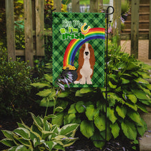 Load image into Gallery viewer, Red and White Tricolor Basset Hound St. Patrick's Garden Flag – "Kiss Me I’m Irish" with Pot of Gold &amp; Rainbow