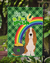 Load image into Gallery viewer, Red and White Tricolor Basset Hound St. Patrick's Garden Flag – "Kiss Me I’m Irish" with Pot of Gold &amp; Rainbow